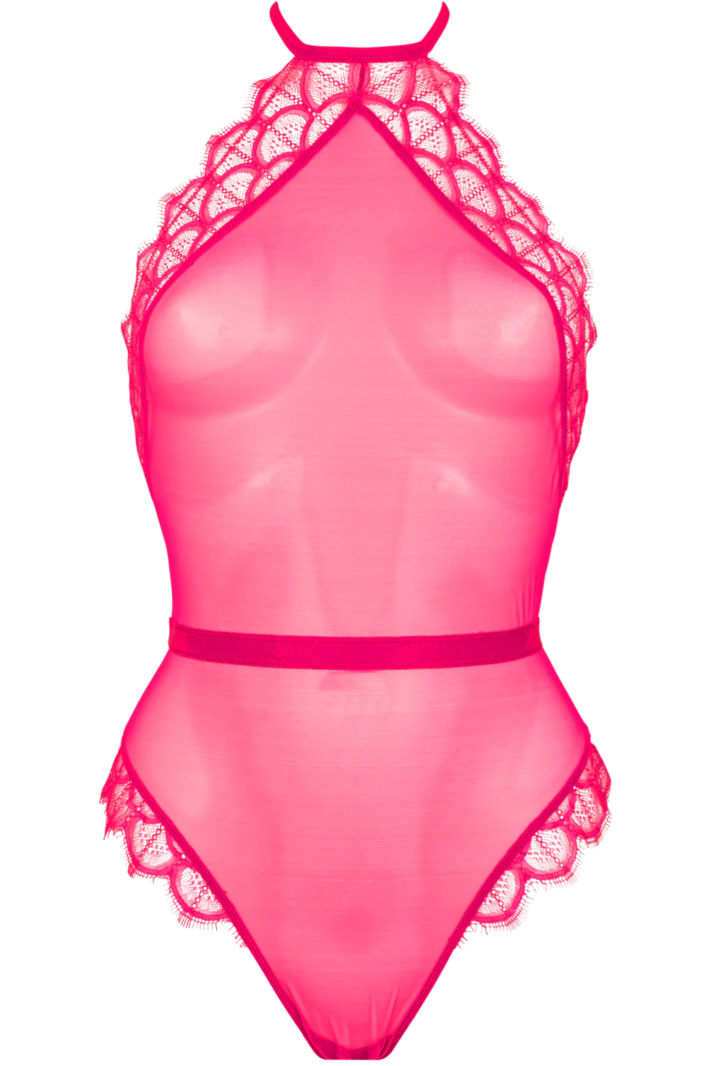 Mystic Shadow Sheer Lace Halter Thong Bodysuit - Kiss Pink