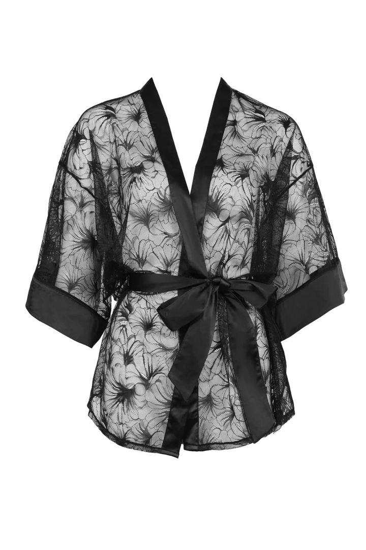 Night On Broadway Floral Lace Satin Sheer Kimono
