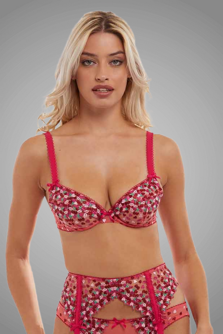 Cherry Floral Embroidery Sheer Mesh  Embroidery Plunge Bra
