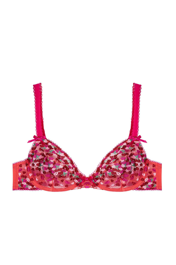 Cherry Floral Embroidery Sheer Mesh  Embroidery Plunge Bra